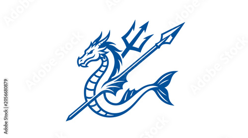 Mythical dragon holding a trident spear logo design.