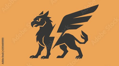 Mythical griffin silhouette with lightning bolt on orange background.