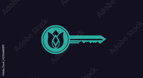Modern teal key logo with stylized flower symbol.