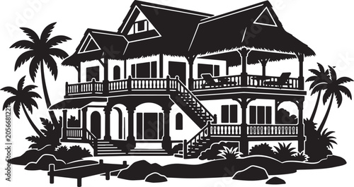 фотографія Tropical Villa Silhouette, Exotic Beach House Vector Art, Island Resort Architec