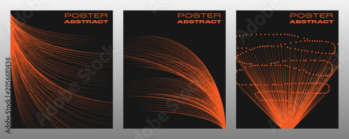 Abstract poster template set with dynamic orange lines, modern minimalist black vertical banners with elegant wavy and radiating fiber streaks vector illustration