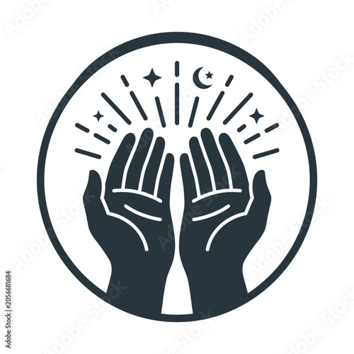 Mystical praying hands vector icon, celestial spiritual hands with moon and stars, divine worship and meditation logo