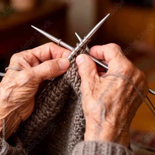 Elderly woman knitting with metal needles and yarn in cozy indoor space  