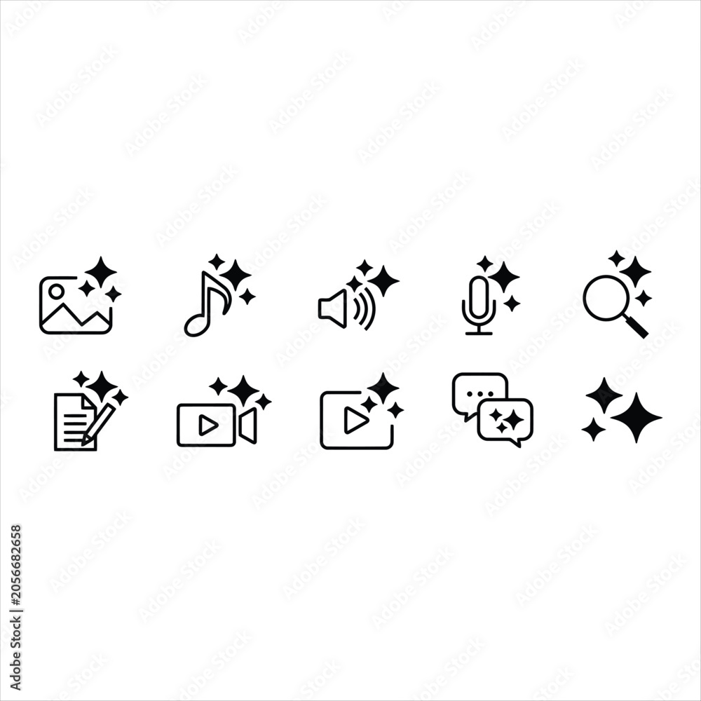 Fototapeta premium Set of ai generated content icons, including image, music, audio, microphone, search, text, video, and chat