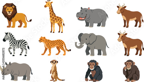 Canvas Print Wild Animal Collection Illustration Featuring Lion Giraffe Hippopotamus Elephant