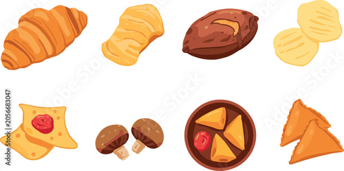Bild auf Leinwand Bakery and Savory Snack Icon Set with Croissant, Samosas, Potato Chips, Pastries