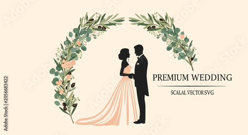 Elegant silhouette of a loving couple on their wedding day, embracing under a beautiful floral arch, symbolizing romance, commitment, and new beginnings