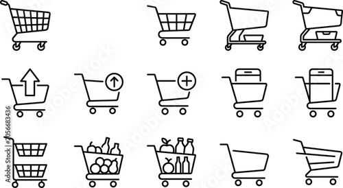 Photography Shopping Cart Outline Icon Set Featuring Retail Trolley Variations Grocery Cart