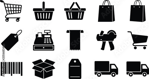 Canvas Print Shopping and Retail Commerce Glyph Icon Set Featuring Shopping Cart Basket Cash