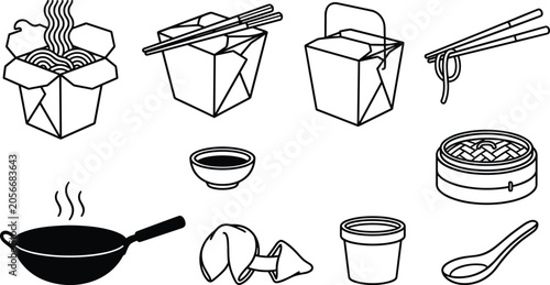Asian Takeout Food and Chinese Cuisine Vector Icon Set Featuring Noodle Box, Wok, Chopsticks, Sauce Bowl and Cooking Collection