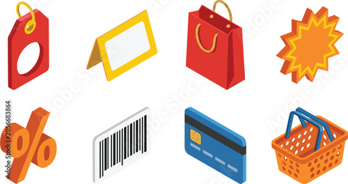 Isometric e-commerce shopping icon set with retail price tag basket bag card barcode discount percentage and starburst vectors