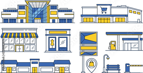 Foto Retail Store and Commercial Building Vector Icon Set Featuring Shopping Mall, Su