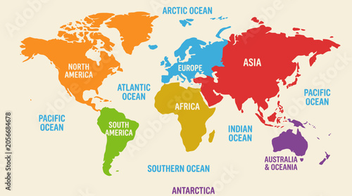 Foto Colorful vector graphic illustration of the world map featuring all major contin