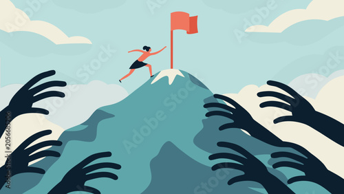 Slika na platnu Mountain peak with figure and grasping hands a colorful vector illustration