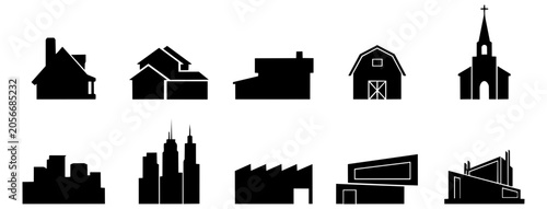 Industrial Factory Buildings Black Silhouette Set