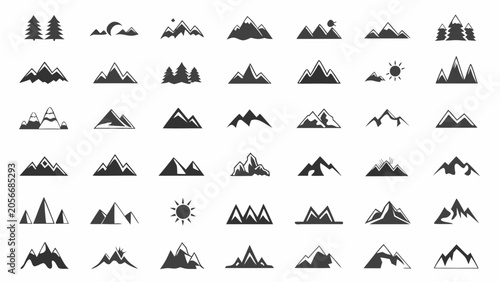 Canvas Print Collection Of Mountain Silhouettes And Pine Tree Shapes On A White Background