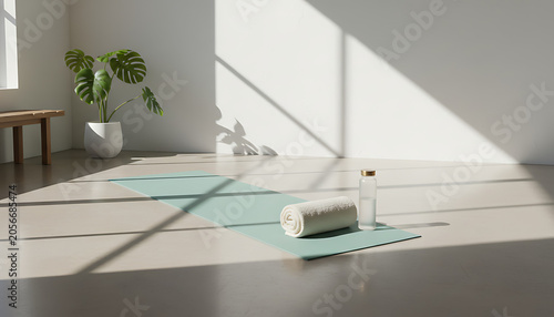 Serene yoga room with rolled mat and bottle on green mat near plant