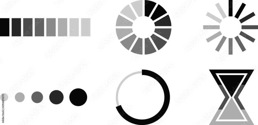 Photos Loading indicator and progress bar icon set with spinner buffer download upload