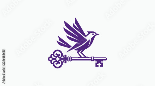Purple bird perched on a vintage skeleton key logo