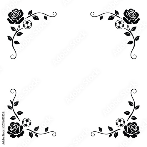 Elegant Rose Football Border Frame with Soccer Ball Floral Silhouette Vector