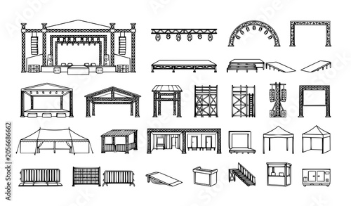Monochrome concert stage and festival structure icon collection editable vector illustration