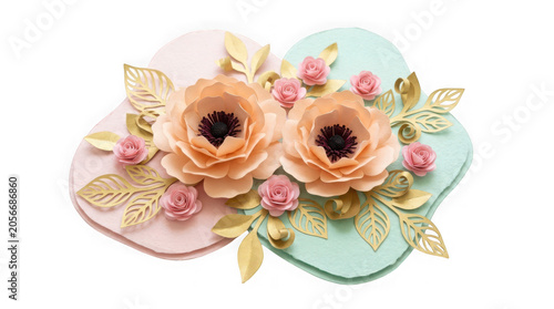 Peachy paper flowers with golden leaves on pastel heart shapes isolated on transparent background