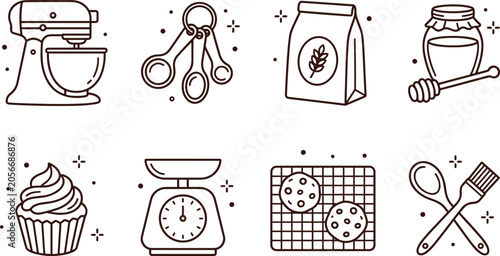Baking and pastry kitchen line icon set with stand mixer measuring spoons scale flour honey and cupcake vector elements