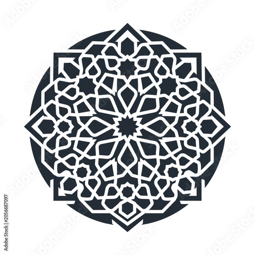 Islamic geometric pattern vector, black and white arabesque circle ornament, traditional oriental mandala star motif