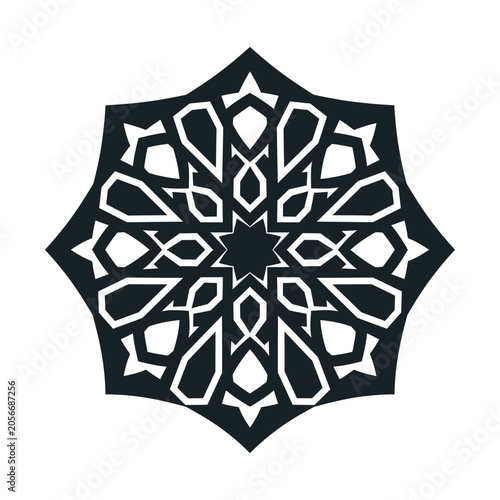 Islamic geometric star ornament, black arabesque mandala vector, traditional middle eastern pattern for ramadan decor