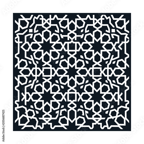 Islamic geometric star pattern vector, black arabesque mandala icon, traditional middle eastern architectural motif
