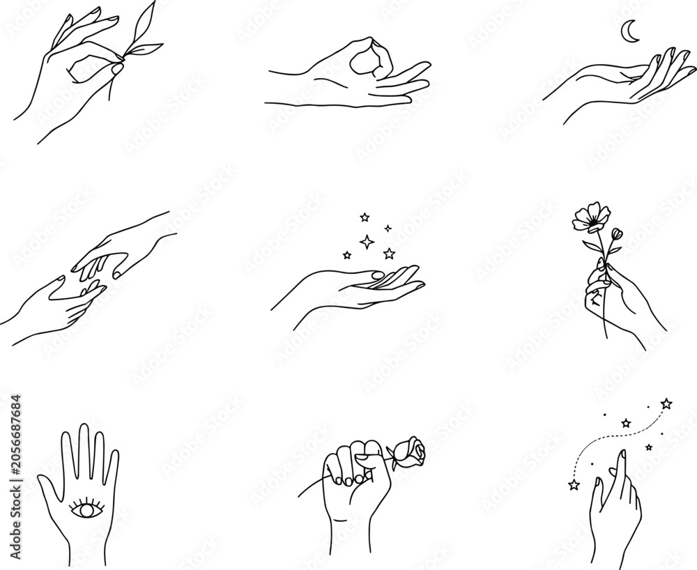 Obraz premium Minimalist mystic hand gestures line icon set with celestial stars moon floral leaves mudra and esoteric hamsa eye elements