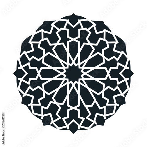 Islamic geometric pattern mandala, black arabesque circular ornament vector, traditional moroccan star motif design