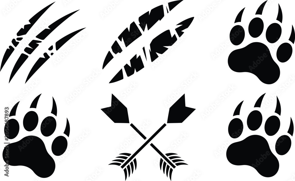 Fototapeta premium Collection of wildlife claws and crossed arrows design elements with wildlife isolated adventure silhouette predator wilderness creature elements collection creative illustration