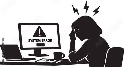 Foto Frustrated businesswoman suffering headache from system error
