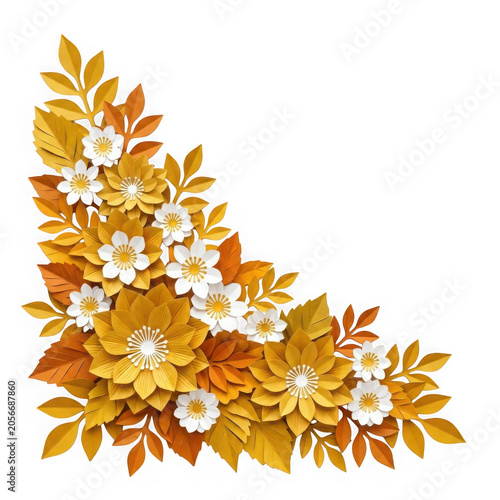 Autumn floral corner arrangement with yellow flowers and golden leaves isolated on transparent background