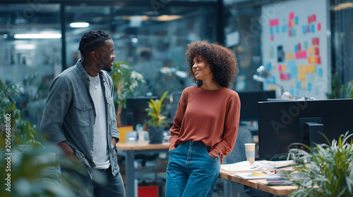Supportive workplace discussion between manager and employee, realistic modern office environment