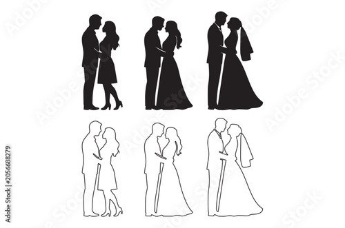 Couple silhouettes in various poses black and white vector illustration