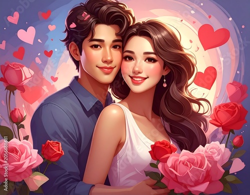 Romantic Young Couple Smiling Together Among Red Roses and Heart Shapes