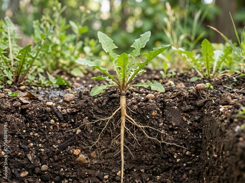 Dandelion weed seedling with long taproot exposed in soil cross section