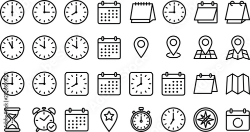 Konstfotografi Time and navigation line icon set featuring clocks calendars pin maps schedules
