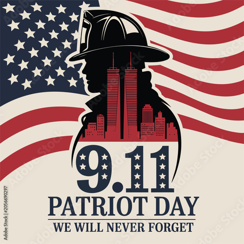 September patriot day vector illustration with firefighter silhouette.