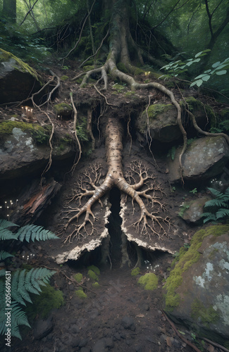 Mystical tree roots in a lush forest environment
