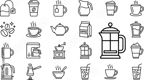 Tableau sur toile Coffee shop and tea brewing equipment line icon set featuring french press espre