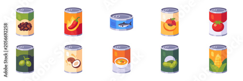Bild auf Leinwand Set of canned food icons with soup, beans, corn, peaches, olives, coconut milk,
