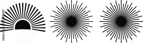 Bild auf Leinwand Black sunburst and starburst icon set with minimalist geometric half sun sunrise