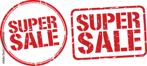 Two red distressed super sale rubber stamp illustrations on white background
