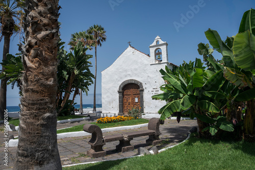 The Ermita de San Telmo stands by the sea in Puerto de la Cruz, Tenerife, Spain, surrounded by palm trees and banana plants under a clear blue sky, with the ocean visible behind the small white chapel