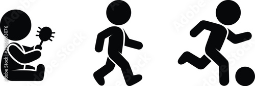 Child growth stages vector icon set showing baby with rattle toddler walking and older kid running playing football soccer.