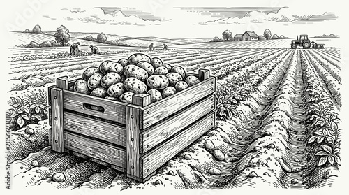  Vintage engraving vector illustration of potato harvest. Wooden crate full of fresh potatoes in foreground, farmers working and tractor in rural agriculture field in background