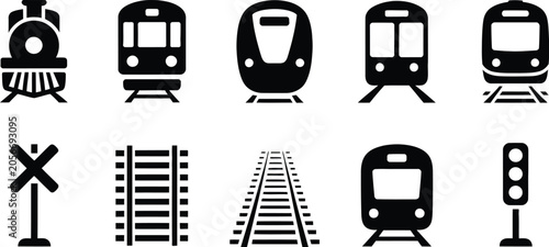 Train and railway vector icon set featuring locomotive subway metro tracks railroad crossing sign and traffic light isolated on white.